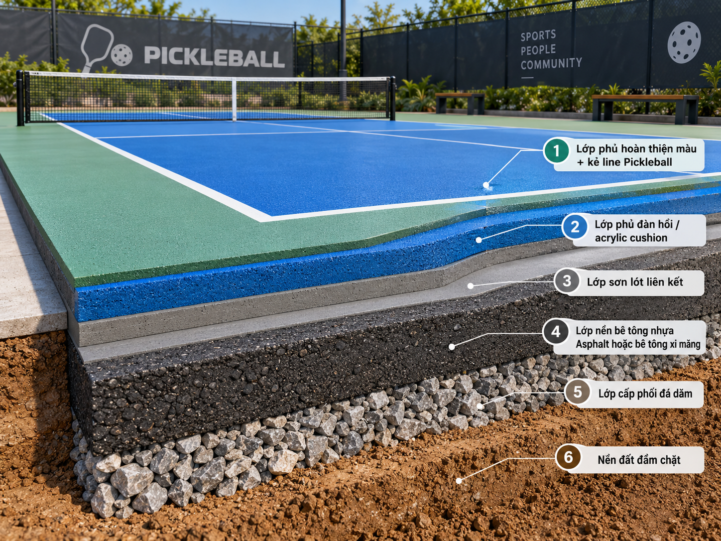 Cấu tạo 6 lớp sân Pickleball tiêu chuẩn